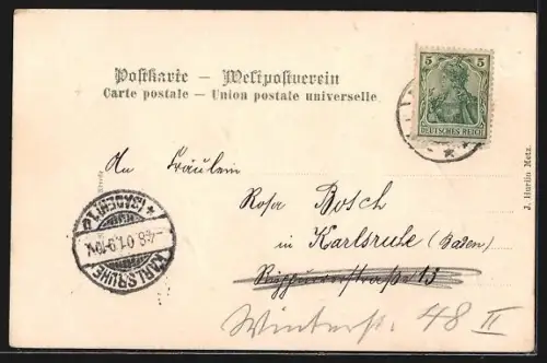 Passepartout-Lithographie Metz, Dom-Cathedrale auf Efeublatt