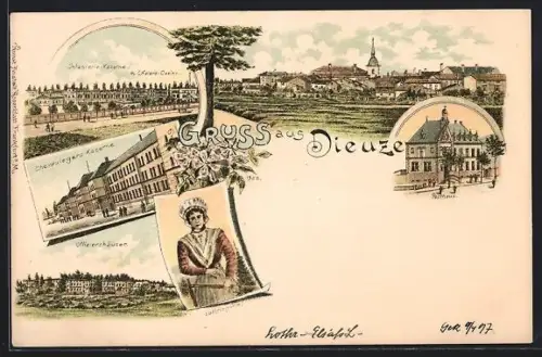 Lithographie Dieuze, Infanteriekaserne m. Offiziers-Casino, Chevaulegers-Kaserne, Offiziershäuser, Ortsansicht