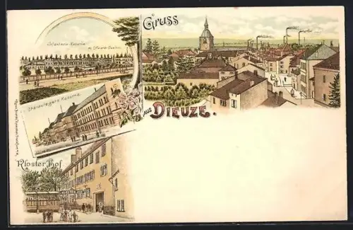 Lithographie Dieuze, Infanteriekaserne m. Offiziers-Casino, Chevaulegers-Kaserne, Klosterhof, Teilansicht