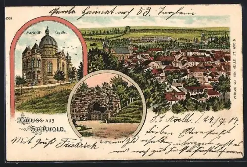 Lithographie St. Avold, Mariahilf-Kapelle, Grotte, Totalansicht