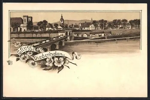 Lithographie Diedenhofen, Totalansicht mit Flusspartie und Blick auf die Brücke