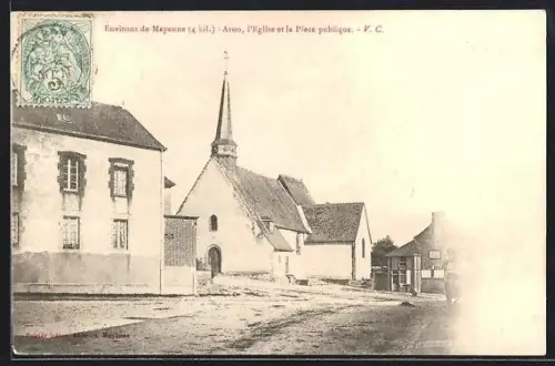 AK Aron /Mayenne, L`Église et la Place publique