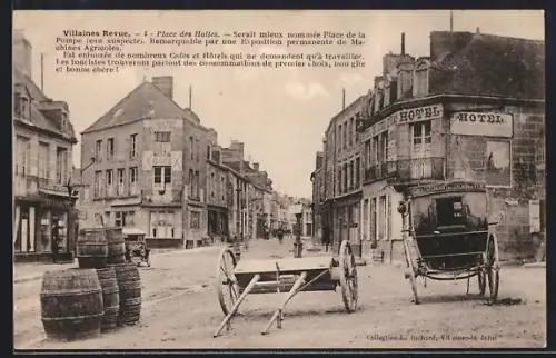 AK Villaines, Place des Halles avec hôtels et cafés animés