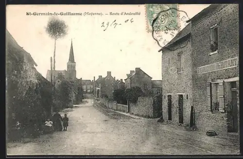 AK St-Germain-le-Guillaume /Mayenne, Route d`Andouillé avec église et maisons en pierre