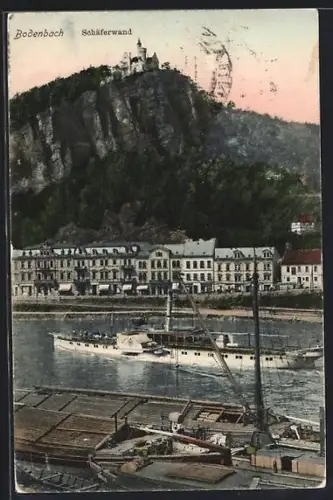 AK Bodenbach, Schäferwand mit Schloss und Dampfer König Albert
