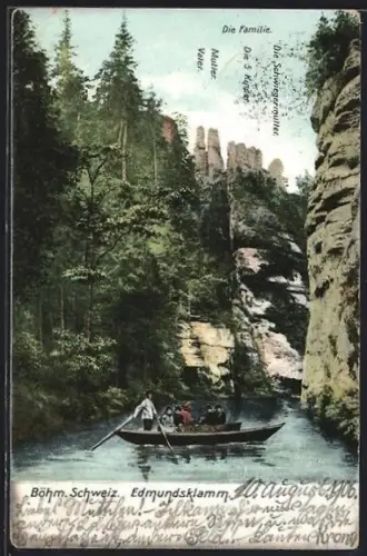 AK Edmundsklamm /Böhm. Schweiz, Ansicht mit Boot und der Familie: Vater, Mutter und fünf Kindern