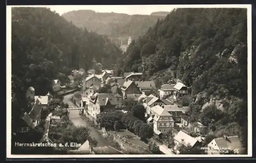 AK Herrnskretschen a. d. Elbe, Panorama mit Brücke
