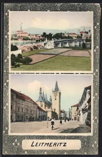 AK Leitmeritz, Flusspartie mit Brücke, Ortspartie