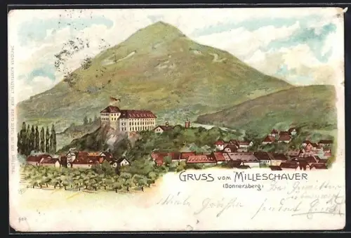 Künstler-AK Milleschau, Blick auf Ort und Donnersberg