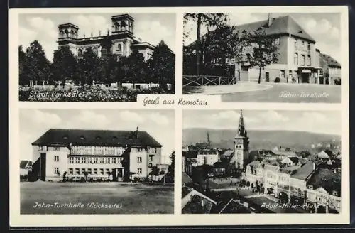 AK Komotau, Adolf- Platz, Jahn-Turnhalle, Städt. Parksäle