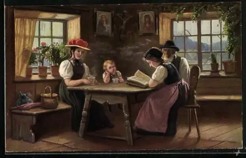 AK Familie in Tracht in der Schwarzwälder Bauernstube, Schwarzwälder Tracht