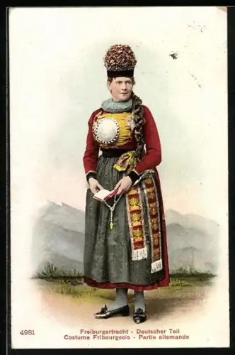 AK Costume Fribourgeois, Schweizerin aus dem deutschen Teil von Freiburg in Tracht