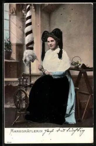 AK Junge Frau am Spinnrad in elsass-lothringischer Tracht