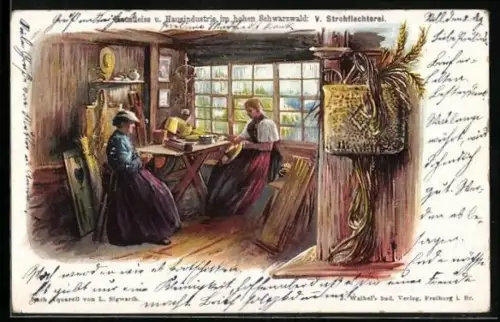 AK Hausfleiss u. Hausindustrie im hohen Schwarzwald: Zwei Frauen in Tracht bei Strohflechterei