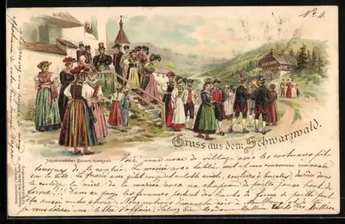 Lithographie Gruss aus dem Schwarzwald, Schwarzwälder Bauern-Hochzeit