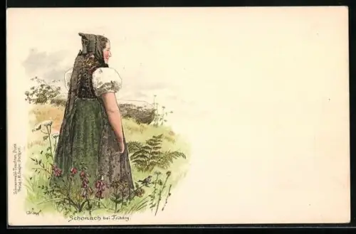 Künstler-AK Schonach, Frau in Schwarzwälder Tracht