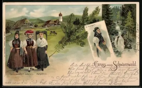 Lithographie 3 Frauen in Schwarzwälder Tracht