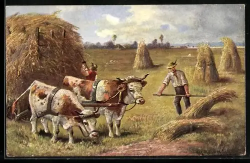 Künstler-AK August Müller - München: Bauern auf einem Feld legen getrocknetes Heu auf ein Viehgespann