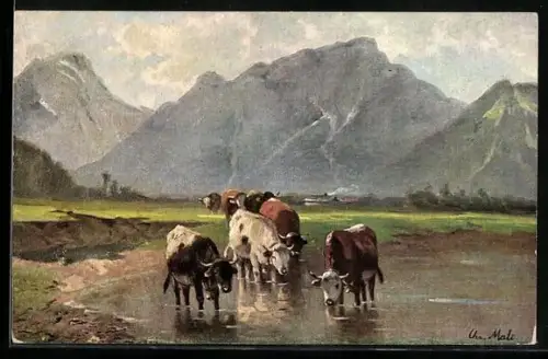 Ölgemälde-Imitations-Künstler-AK Imita / A.S.-M. Leipzig Nr. 477: Auf der Alm