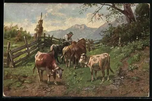 Künstler-AK Chr. Mali: Hirte mit Kühen am Weidezaun, Landleben