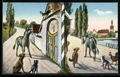 AK Bremen, Die Bremer Stadtmusikanten kommen an einem Hofe vorbei