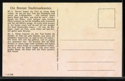 AK Bremen, Die Bremer Stadtmusikanten kommen an einem Hofe vorbei