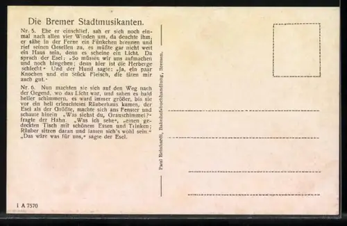 AK Bremen, Die Bremer Stadtmusikanten draussen am Fenster