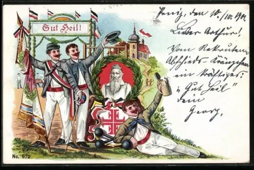 Lithographie Neuenkirchen a.d. Unterweser, Gruss vom Turnverein Einigkeit, Bildnis Jahn