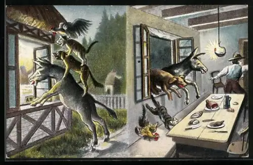 AK Die Bremer Stadtmusikanten Nr. 7 und 8, Musizieren am Fenster, Männer fliehen in den Wald