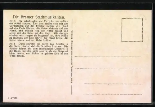 AK Die Bremer Stadtmusikanten Nr. 7 und 8, Musizieren am Fenster, Männer fliehen in den Wald