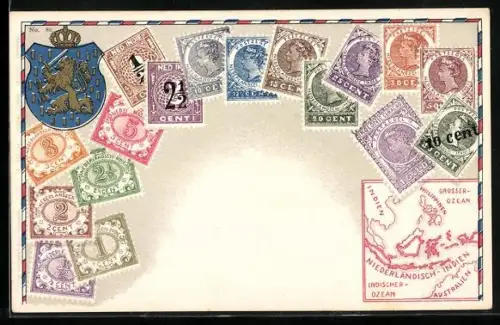 AK Briefmarken, Landkarte Indien, Philippinen, Australien