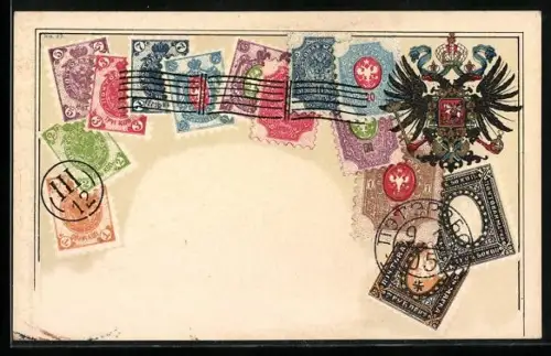 Lithographie Russland, Briefmarken und Wappen