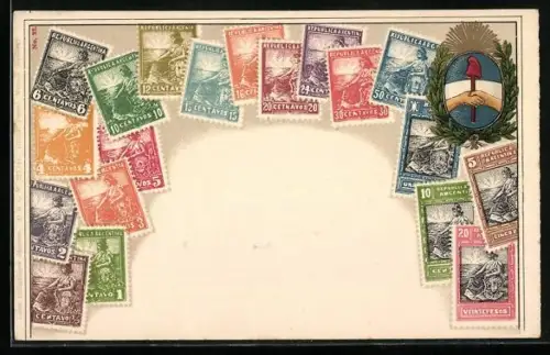 AK argentinische Briefmarken, Kranz mit Handschlagsbild darin, rote Zipfelmütze