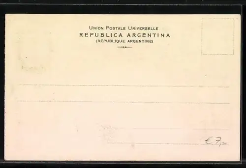 AK argentinische Briefmarken, Kranz mit Handschlagsbild darin, rote Zipfelmütze