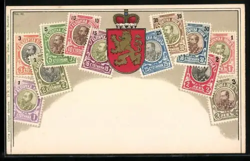 AK Briefmarken und Wappen mit goldenem Löwen