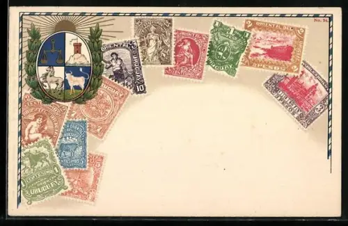AK Uruguay, Wappen & versch. Briefmarken