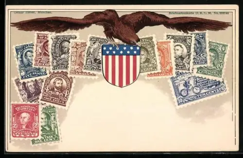 AK USA, Briefmarken, Adler mit Wappen