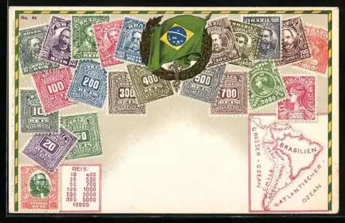 AK Briefmarken, Kranz mit brasilianischer Flagge