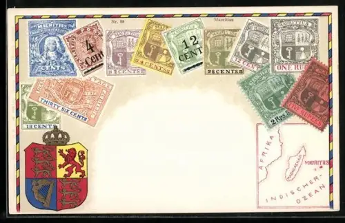 AK Mauritius, Briefmarken, Wappen, Landkarte