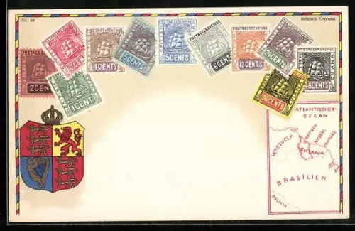 AK Briefmarken, Landkarte vom Norden Südamerikas