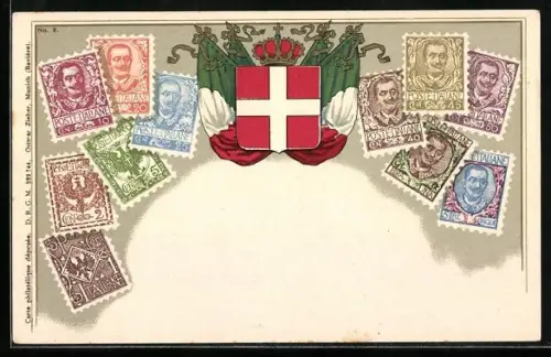 AK Italien, Briefmarken mit Wappen