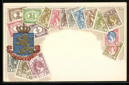 AK Briefmarken der Niederlande und Wappen
