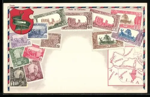 AK Briefmarken und Wappen aus Tunesien