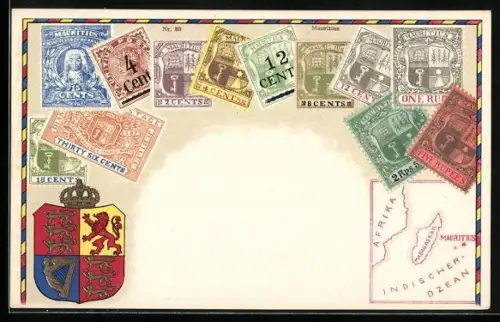 AK Mauritius, Briefmarken, Wappen, Landkarte