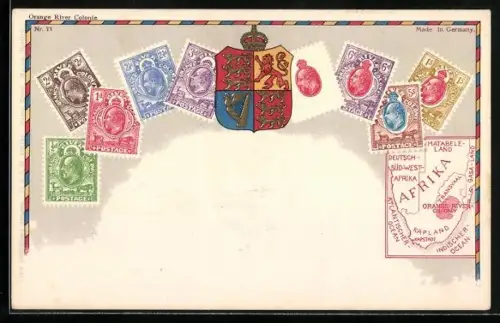 Lithographie Briefmarken und Wappen der Orange River Kolonie