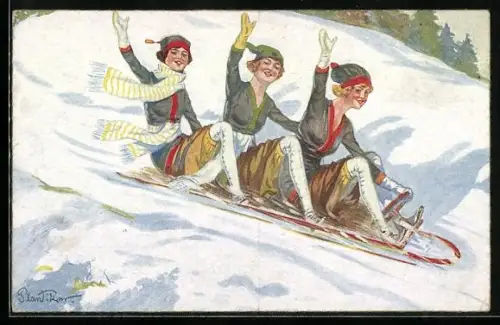 Künstler-AK Plantikow: Lustige Fahrt, Frauen auf einem Schlitten