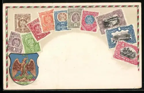 Lithographie Wappen und Briefmarken von Mexico