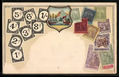 Lithographie Briefmarken und Wappen von Trinidad