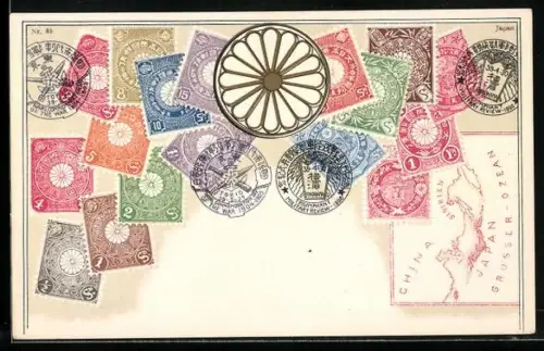 AK Japan, Briefmarken mit Landkarte