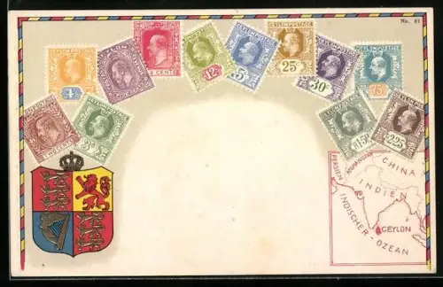 AK Ceylon, Briefmarken und Wappen, Landkarte